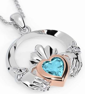 Aquamarine Rose Gold Silver Claddagh Trinity knot Necklace