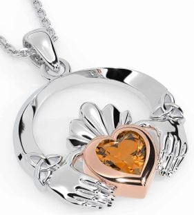 Citrine Rose Gold Silver Claddagh Trinity knot Necklace