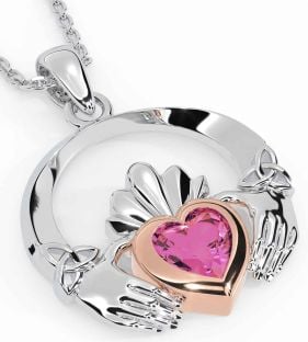 Pink Tourmaline Rose Gold Silver Claddagh Trinity knot Necklace