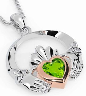 Peridot Rose Gold Silver Claddagh Trinity knot Necklace