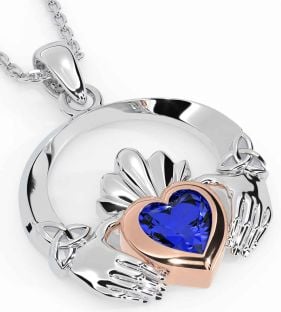 Sapphire Rose Gold Silver Claddagh Trinity knot Necklace