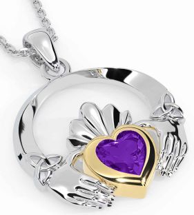 Amethyst Gold Silver Claddagh Trinity knot Necklace