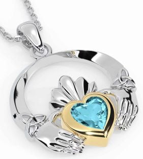 Aquamarine Gold Silver Claddagh Trinity knot Necklace