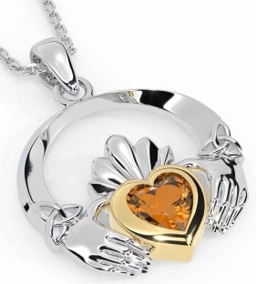 Citrine Gold Silver Claddagh Trinity knot Necklace