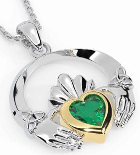 Emerald Gold Silver Claddagh Trinity knot Necklace