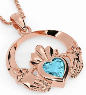 Aquamarine Rose Gold Silver Claddagh Trinity knot Necklace