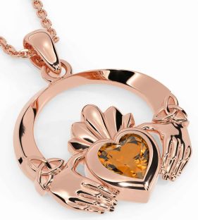 Citrine Rose Gold Silver Claddagh Trinity knot Necklace