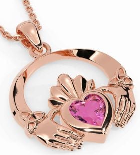 Pink Tourmaline Rose Gold Silver Claddagh Trinity knot Necklace