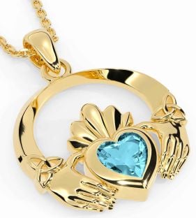 Aquamarine Gold Silver Claddagh Trinity knot Necklace