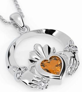 Citrine Silver Claddagh Trinity knot Necklace