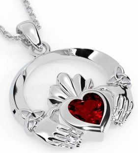 Garnet Silver Claddagh Trinity knot Necklace