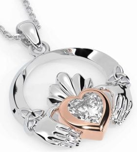 Diamond Rose Gold Silver Claddagh Trinity knot Necklace