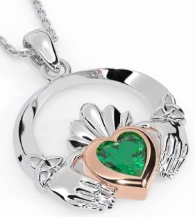 Emerald Rose Gold Silver Claddagh Trinity knot Necklace