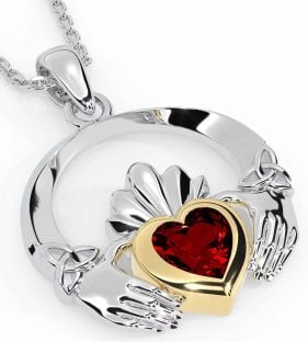 Garnet Gold Silver Claddagh Trinity knot Necklace