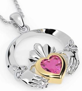 Pink Tourmaline Gold Silver Claddagh Trinity knot Necklace