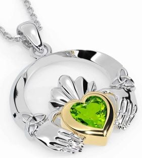 Peridot Gold Silver Claddagh Trinity knot Necklace