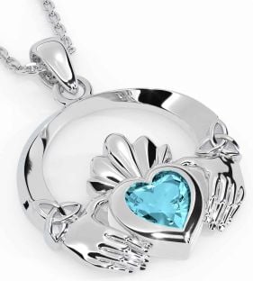 Aquamarine White Gold Claddagh Trinity knot Necklace