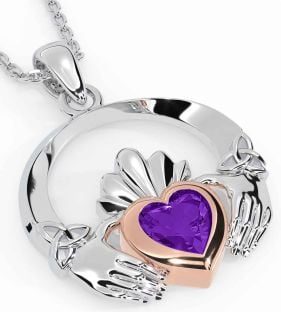 Amethyst White Rose Gold Claddagh Trinity knot Necklace