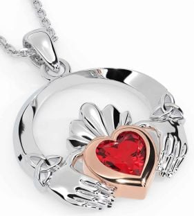 Ruby White Rose Gold Claddagh Trinity knot Necklace