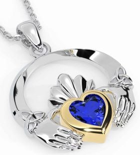 Sapphire White Yellow Gold Claddagh Trinity knot Necklace