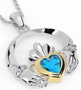 Topaz White Yellow Gold Claddagh Trinity knot Necklace