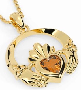 Citrine Gold Claddagh Trinity knot Necklace