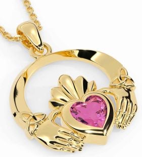 Pink Tourmaline Gold Claddagh Trinity knot Necklace