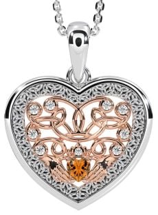 Diamond Citrine Rose Gold Silver Celtic Claddagh Trinity Knot Heart Necklace