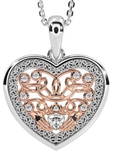 Diamond Rose Gold Silver Celtic Claddagh Trinity Knot Heart Necklace