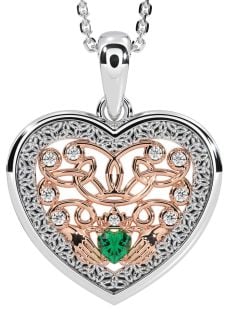 Diamond Emerald Rose Gold Silver Celtic Claddagh Trinity Knot Heart Necklace