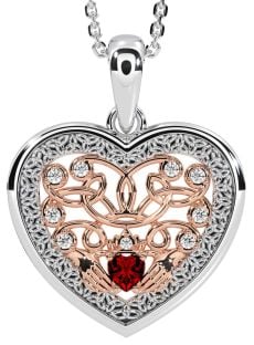 Diamond Garnet Rose Gold Silver Celtic Claddagh Trinity Knot Heart Necklace