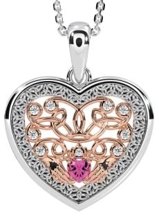 Diamond Pink Tourmaline Rose Gold Silver Celtic Claddagh Trinity Knot Heart Necklace