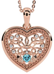 Diamond Aquamarine Rose Gold Silver Celtic Claddagh Trinity Knot Heart Necklace
