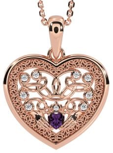 Diamond Alexandrite Rose Gold Silver Celtic Claddagh Trinity Knot Heart Necklace
