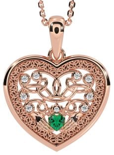 Diamond Emerald Rose Gold Silver Celtic Claddagh Trinity Knot Heart Necklace