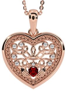 Diamond Garnet Rose Gold Silver Celtic Claddagh Trinity Knot Heart Necklace
