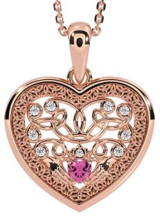 Diamond Pink Tourmaline Rose Gold Silver Celtic Claddagh Trinity Knot Heart Necklace