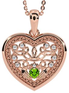 Diamond Peridot Rose Gold Silver Celtic Claddagh Trinity Knot Heart Necklace