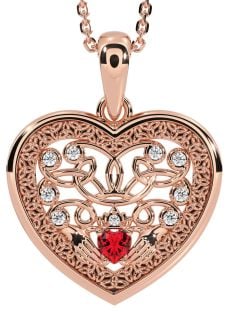 Diamond Ruby Rose Gold Silver Celtic Claddagh Trinity Knot Heart Necklace