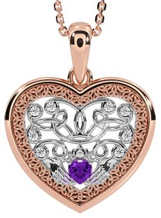 Diamond Amethyst Rose Gold Silver Celtic Claddagh Trinity Knot Heart Necklace