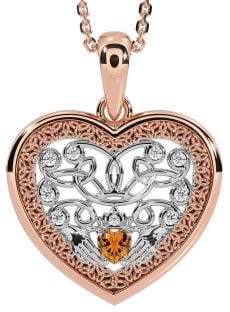 Diamond Citrine Rose Gold Silver Celtic Claddagh Trinity Knot Heart Necklace