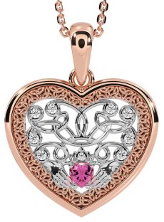 Diamond Pink Tourmaline Rose Gold Silver Celtic Claddagh Trinity Knot Heart Necklace