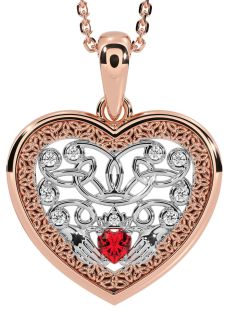 Diamond Ruby Rose Gold Silver Celtic Claddagh Trinity Knot Heart Necklace