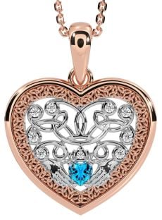 Diamond Topaz Rose Gold Silver Celtic Claddagh Trinity Knot Heart Necklace