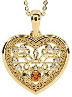 Diamond Citrine Gold Silver Celtic Claddagh Trinity Knot Heart Necklace