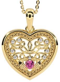 Diamond Pink Tourmaline Gold Silver Celtic Claddagh Trinity Knot Heart Necklace