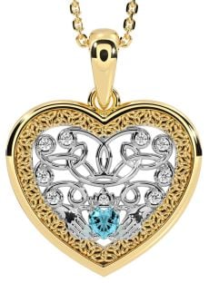 Diamond Aquamarine Gold Silver Celtic Claddagh Trinity Knot Heart Necklace