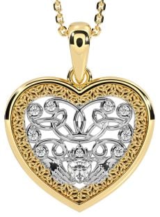 Diamond Gold Silver Celtic Claddagh Trinity Knot Heart Necklace