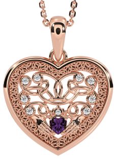 Diamond Alexandrite Rose Gold Celtic Claddagh Trinity Knot Heart Necklace