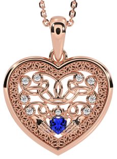 Diamond Sapphire Rose Gold Celtic Claddagh Trinity Knot Heart Necklace